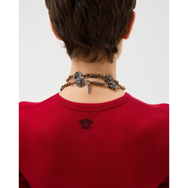 Versace Embroidered Wool Ribbed Knit T-Shirt in Red, view 4 | Sweaters