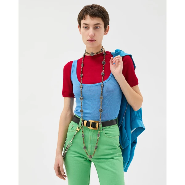 Versace Embroidered Wool Ribbed Knit T-Shirt in Red, view 5 | Sweaters