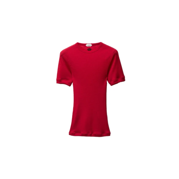 Embroidered Wool Ribbed Knit T-Shirt in Red