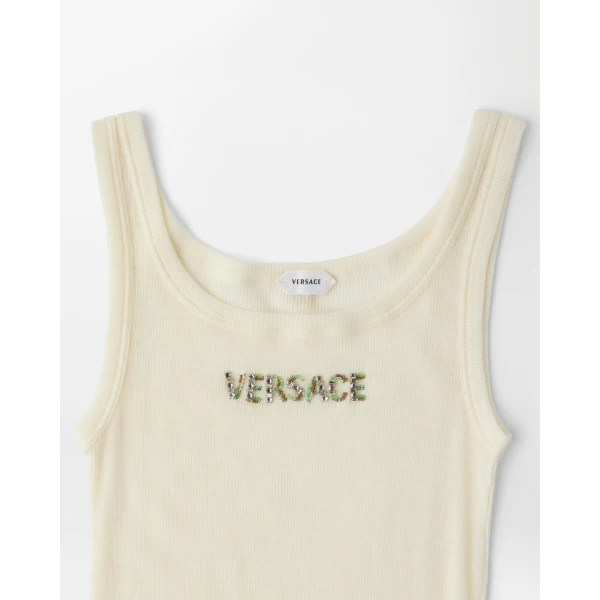 Versace Embroidered Wool Ribbed Tank Top in Yellow, view 2 | Sleeveless