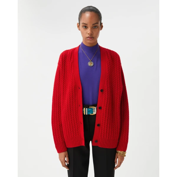Versace Embroidered Wool and Cashmere Knit Cardigan in Red, view 2 | Cardigan