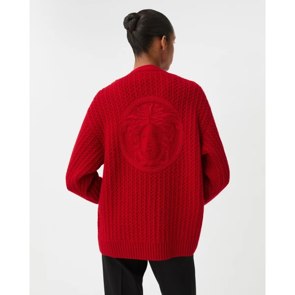 Versace Embroidered Wool and Cashmere Knit Cardigan in Red, view 3 | Cardigan