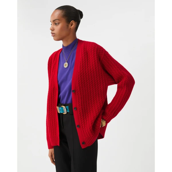Versace Embroidered Wool and Cashmere Knit Cardigan in Red, view 4 | Cardigan