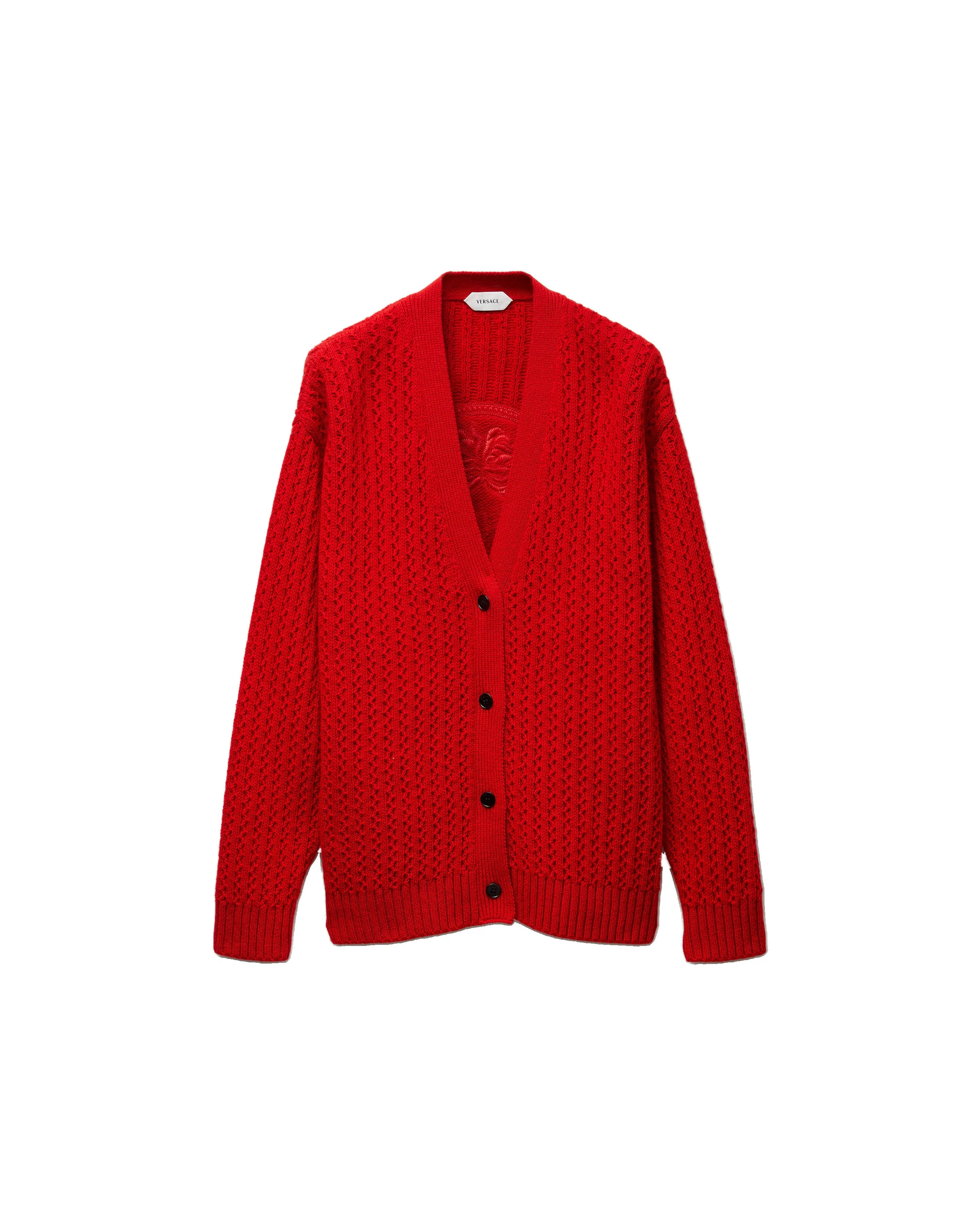 Versace Embroidered Wool and Cashmere Knit Cardigan in Red Versace Embroidered Wool and Cashmere Knit Cardigan in Red | Cardigan | Coveti