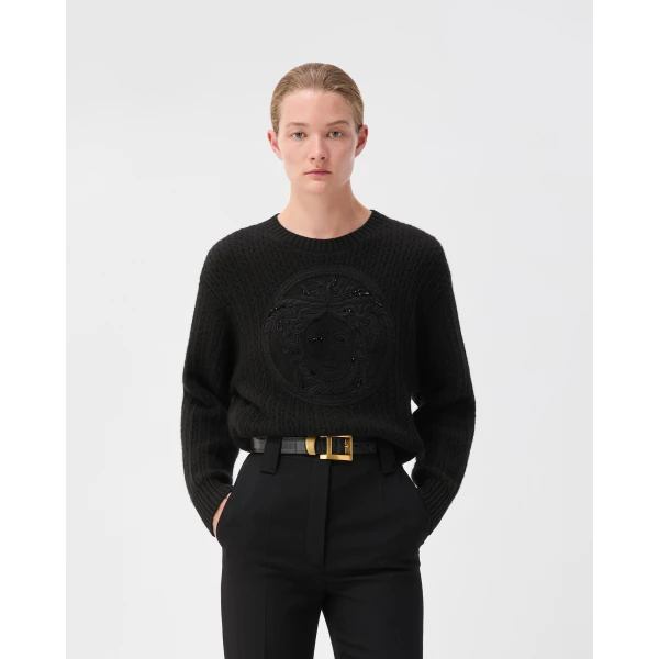 Versace Embroidered Wool and Cashmere Knit Sweater in Black, view 2 | Sweaters