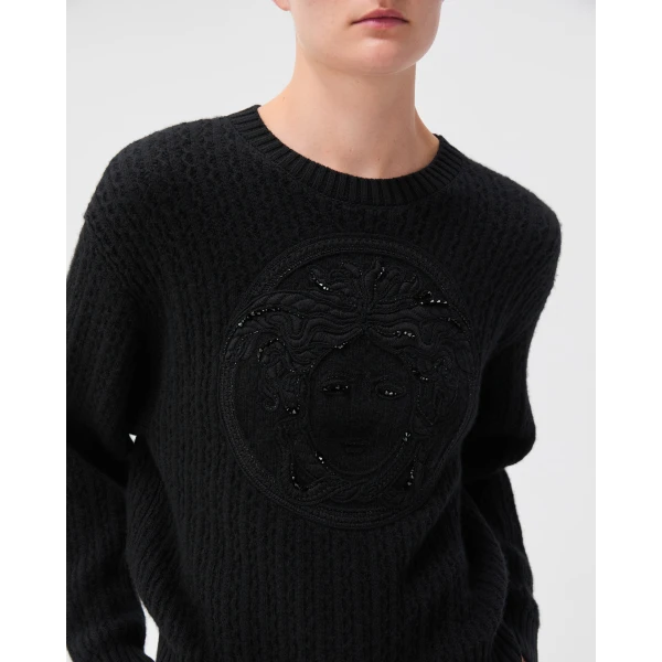 Versace Embroidered Wool and Cashmere Knit Sweater in Black, view 5 | Sweaters
