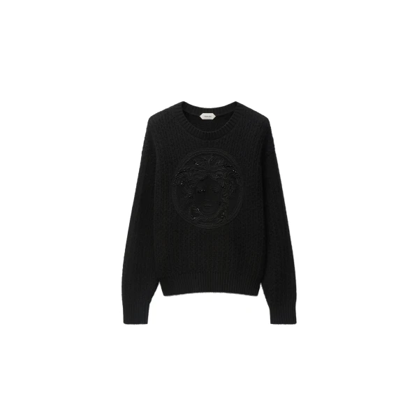 Versace Embroidered Wool and Cashmere Knit Sweater in Black | Sweaters | Coveti