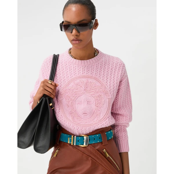 Versace Embroidered Wool and Cashmere Knit Sweater in Light Pink, view 2 | Sweaters