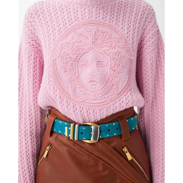 Versace Embroidered Wool and Cashmere Knit Sweater in Light Pink, view 4 | Sweaters
