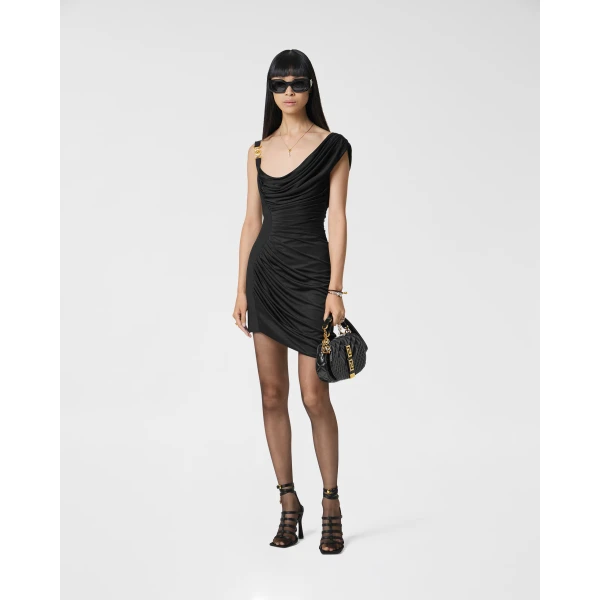 Versace Envers-Satin Crêpe Draped Mini Dress in Black, view 2 | Mini Dresses
