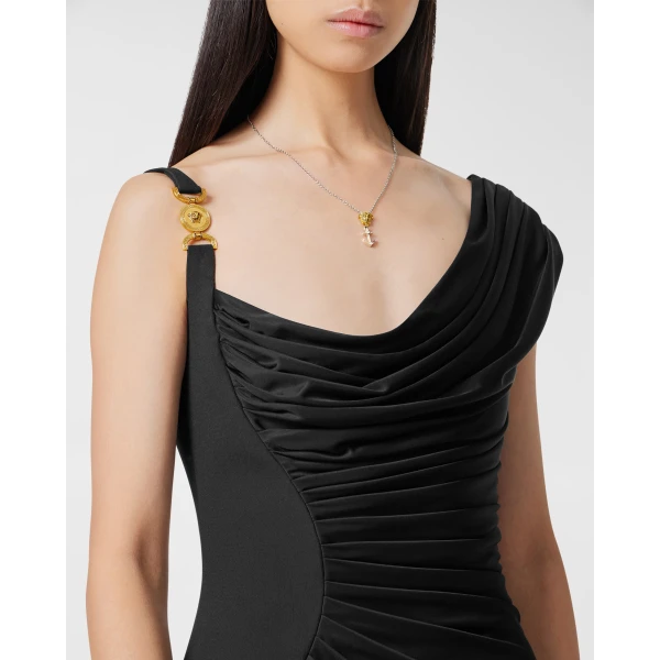 Versace Envers-Satin Crêpe Draped Mini Dress in Black, view 3 | Mini Dresses