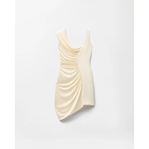 Versace Envers-Satin Crêpe Draped Mini Dress in White, view 3 | Mini Dresses