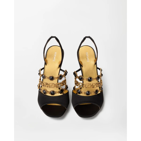 Versace Gemma Satin Sandals 90 mm in Black, view 2 | Sandals