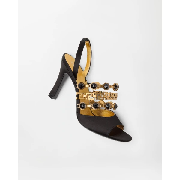 Versace Gemma Satin Sandals 90 mm in Black, view 3 | Sandals