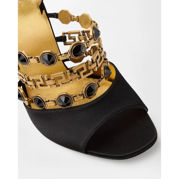 Versace Gemma Satin Sandals 90 mm in Black, view 4 | Sandals