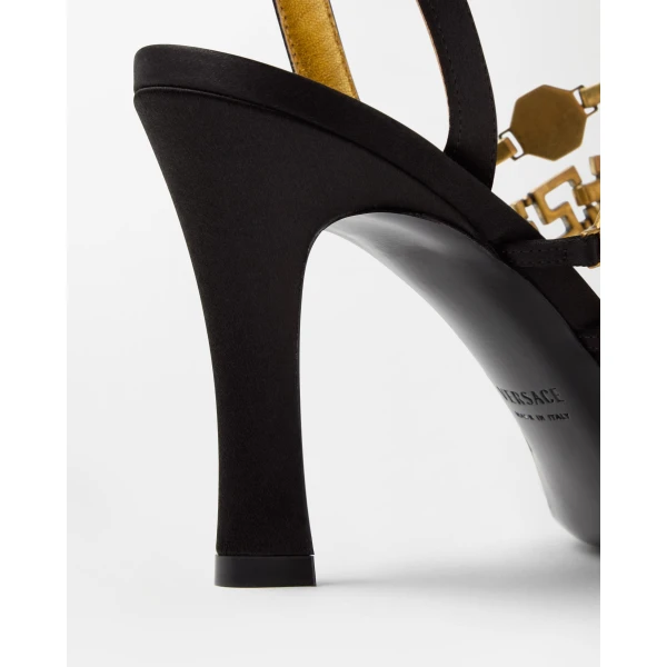Versace Gemma Satin Sandals 90 mm in Black, view 6 | Sandals