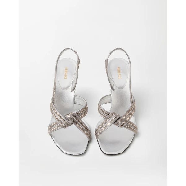 Versace Gianni Embellished Nappa and Satin Slingbacks 90 mm in Grey, view 2 | Heels