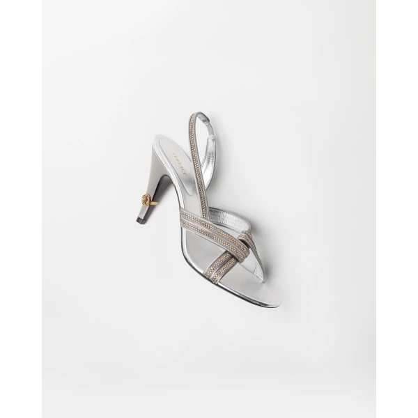 Versace Gianni Embellished Nappa and Satin Slingbacks 90 mm in Grey, view 3 | Heels