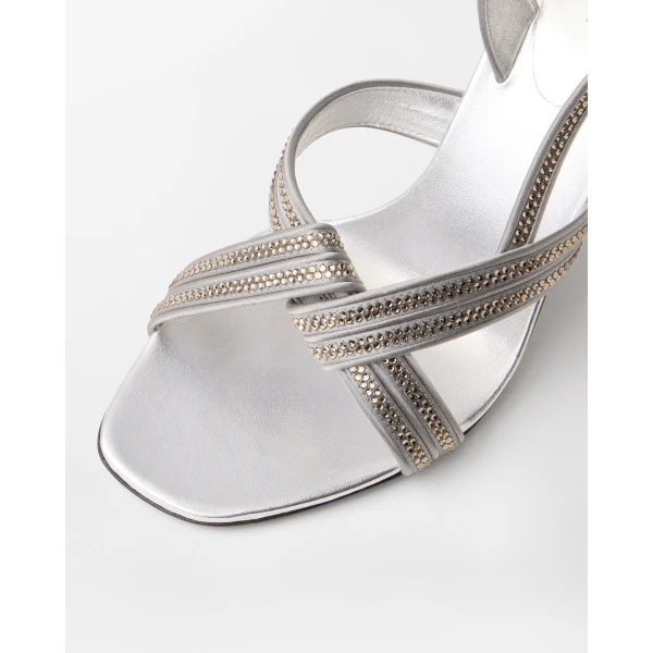 Versace Gianni Embellished Nappa and Satin Slingbacks 90 mm in Grey, view 4 | Heels