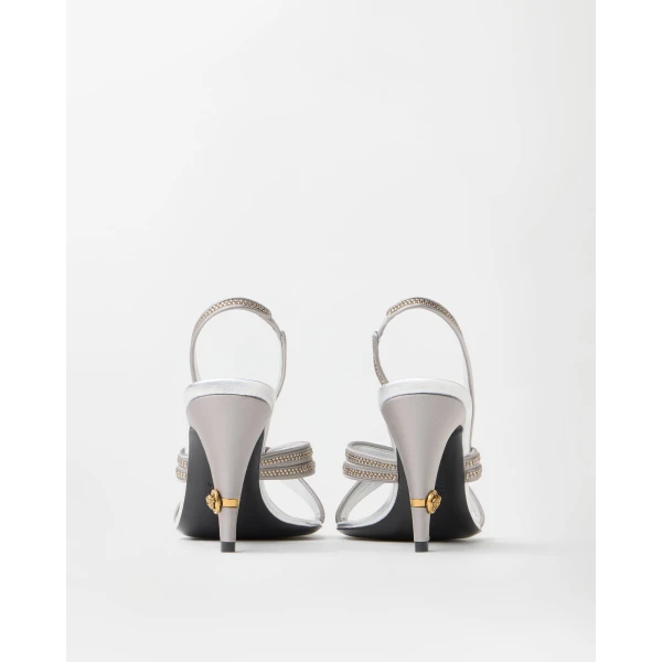 Versace Gianni Embellished Nappa and Satin Slingbacks 90 mm in Grey, view 5 | Heels