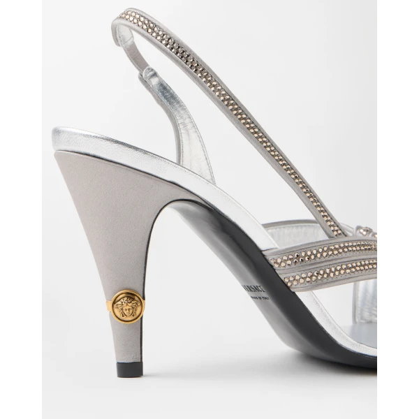 Versace Gianni Embellished Nappa and Satin Slingbacks 90 mm in Grey, view 6 | Heels