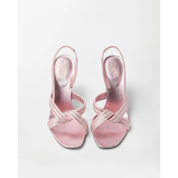 Versace Gianni Embellished Nappa and Satin Slingbacks 90 mm in Pink, view 3 | Heels
