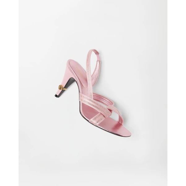 Versace Gianni Embellished Nappa and Satin Slingbacks 90 mm in Pink, view 4 | Heels