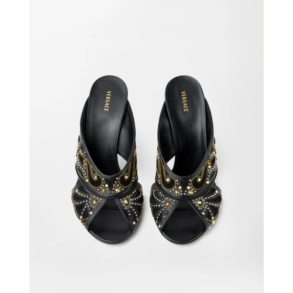 Versace Gianni Embroidered Leather Mules 90 mm in Black, view 2 | Mules