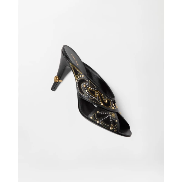Versace Gianni Embroidered Leather Mules 90 mm in Black, view 3 | Mules