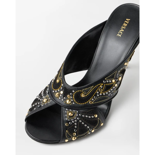 Versace Gianni Embroidered Leather Mules 90 mm in Black, view 4 | Mules