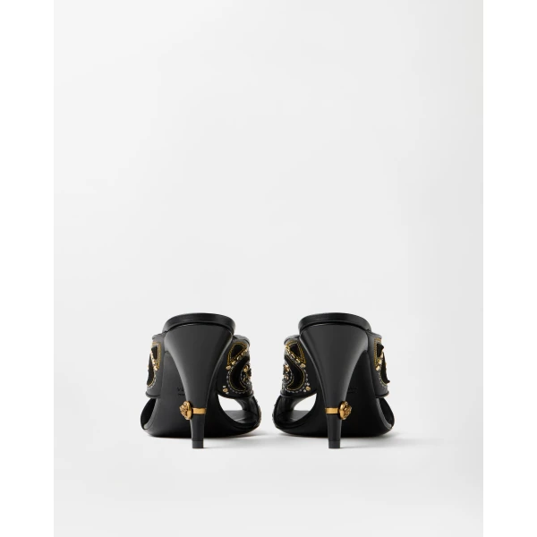 Versace Gianni Embroidered Leather Mules 90 mm in Black, view 5 | Mules
