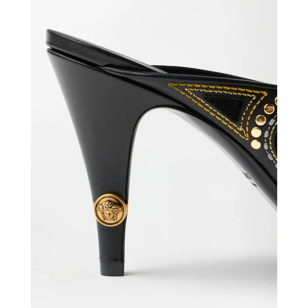 Versace Gianni Embroidered Leather Mules 90 mm in Black, view 6 | Mules