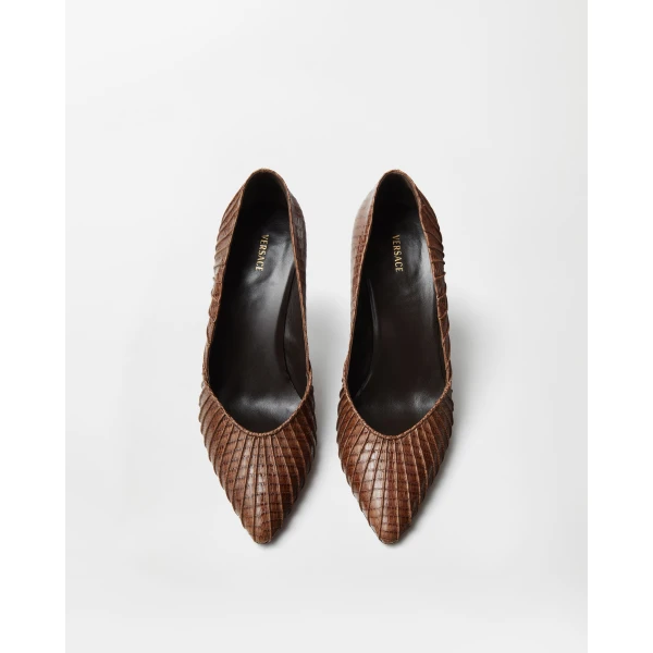 Versace Gianni Leather Pumps 90 mm in Brown Tejus Leather, view 2 | Heels