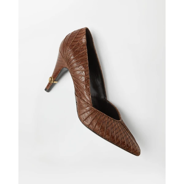 Versace Gianni Leather Pumps 90 mm in Brown Tejus Leather, view 3 | Heels