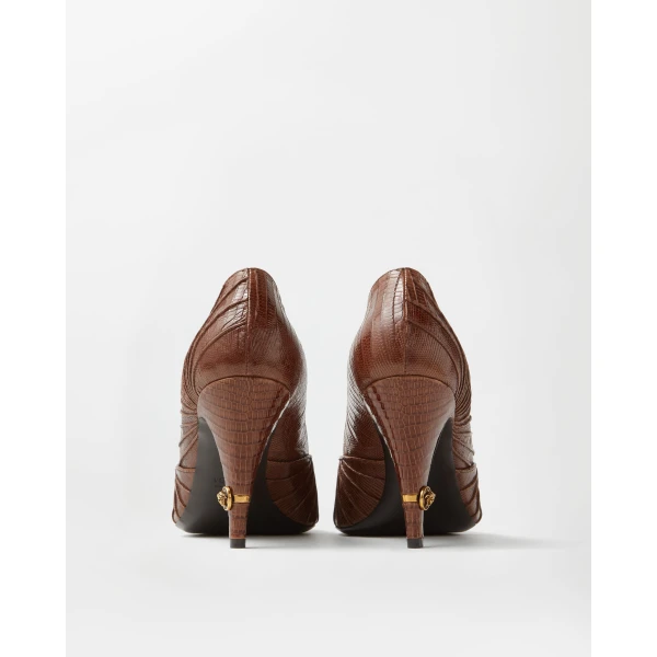 Versace Gianni Leather Pumps 90 mm in Brown Tejus Leather, view 4 | Heels