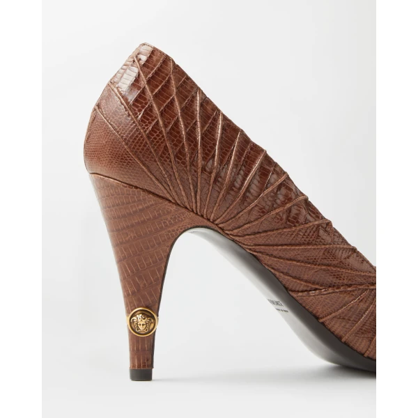 Versace Gianni Leather Pumps 90 mm in Brown Tejus Leather, view 6 | Heels