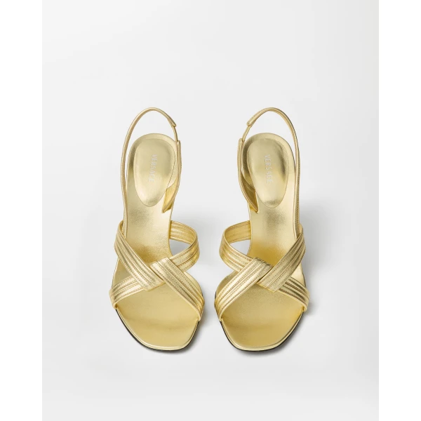 Versace Gianni Metallic Nappa Sandals 90 mm in Gold, view 3 | Sandals