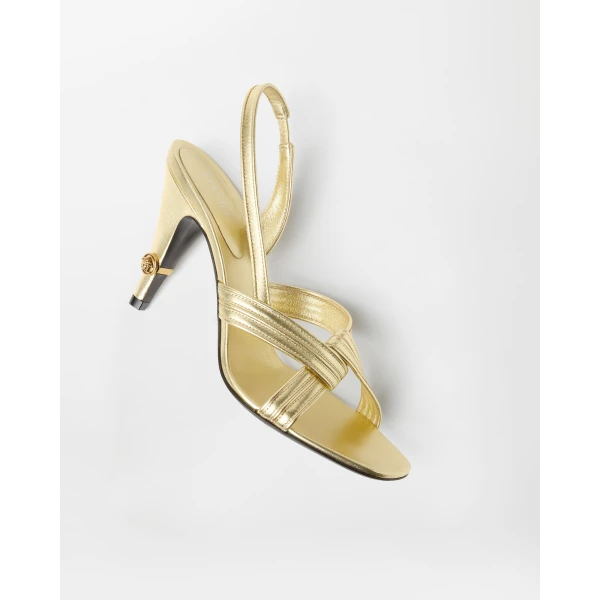 Versace Gianni Metallic Nappa Sandals 90 mm in Gold, view 4 | Sandals