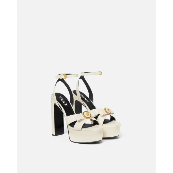 Versace Gianni Ribbon Leather Sandals 140 mm in White and Gold, view 2 | Sandals