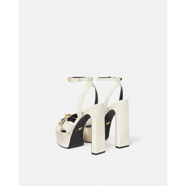 Versace Gianni Ribbon Leather Sandals 140 mm in White and Gold, view 3 | Sandals