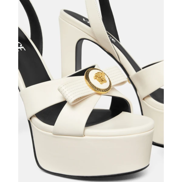 Versace Gianni Ribbon Leather Sandals 140 mm in White and Gold, view 4 | Sandals