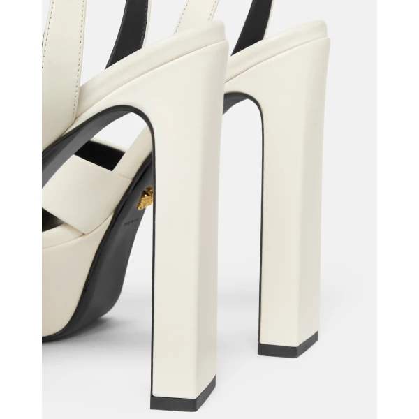Versace Gianni Ribbon Leather Sandals 140 mm in White and Gold, view 5 | Sandals
