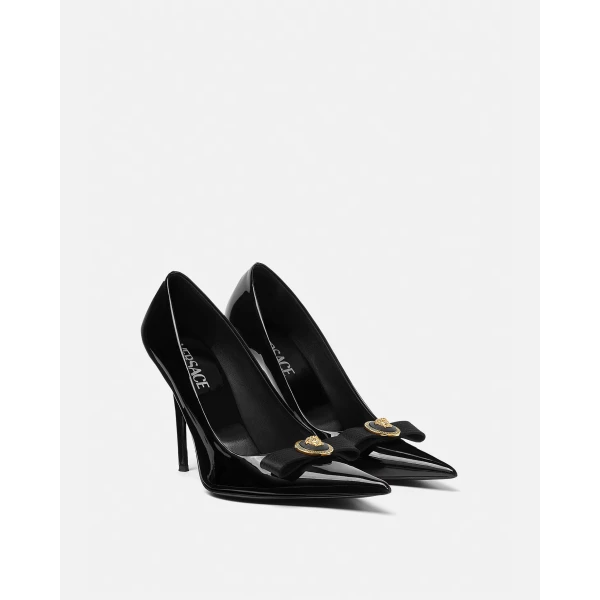 Versace Gianni Ribbon Patent Pumps 110 mm in Black and Gold, view 2 | Heels