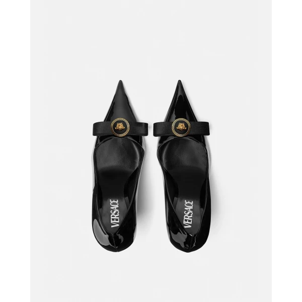 Versace Gianni Ribbon Patent Pumps 110 mm in Black and Gold, view 3 | Heels