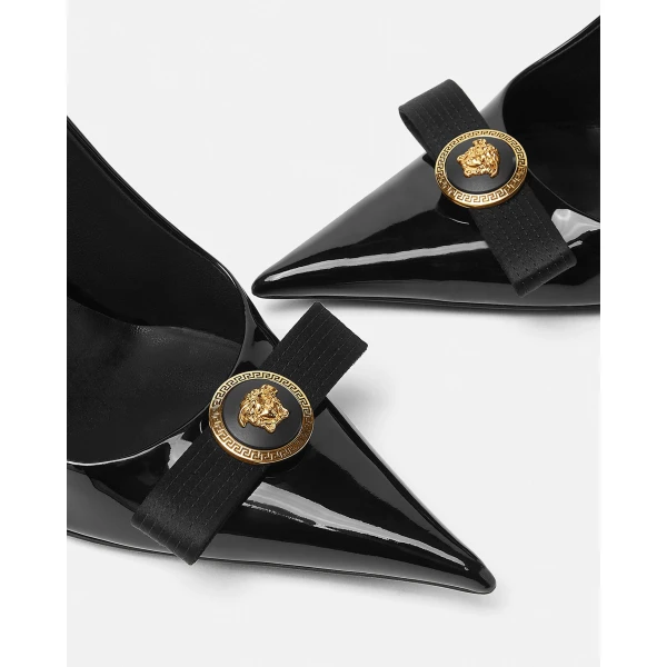 Versace Gianni Ribbon Patent Pumps 110 mm in Black and Gold, view 4 | Heels