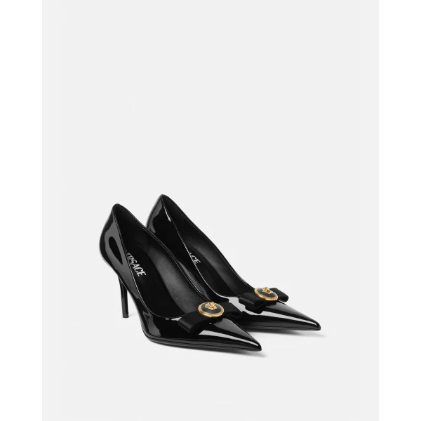 Versace Gianni Ribbon Patent Pumps 85 mm in Black and Gold, view 2 | Heels