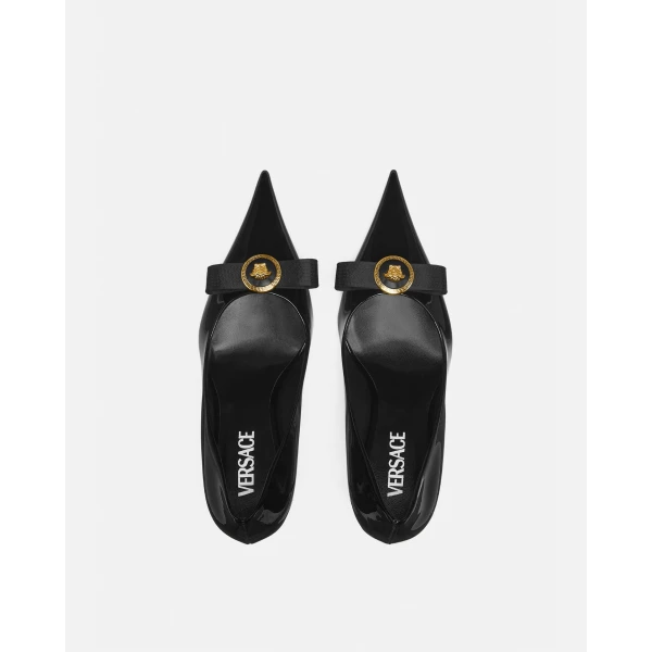 Versace Gianni Ribbon Patent Pumps 85 mm in Black and Gold, view 3 | Heels