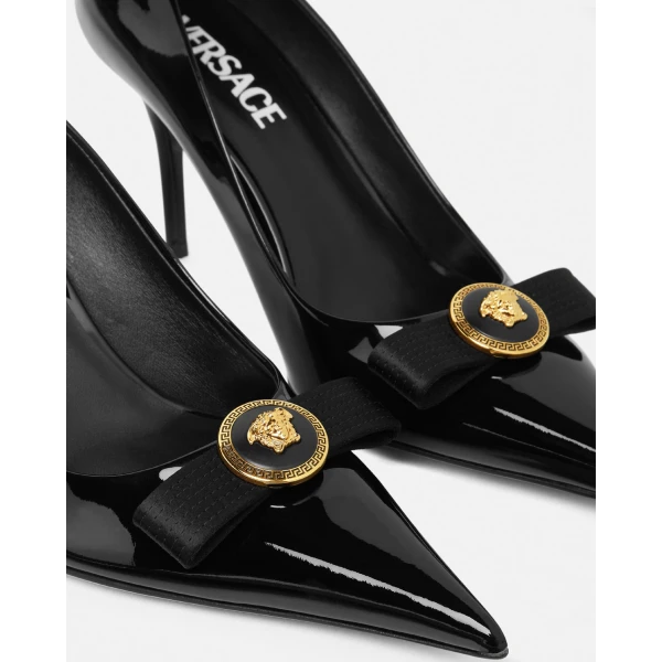 Versace Gianni Ribbon Patent Pumps 85 mm in Black and Gold, view 4 | Heels