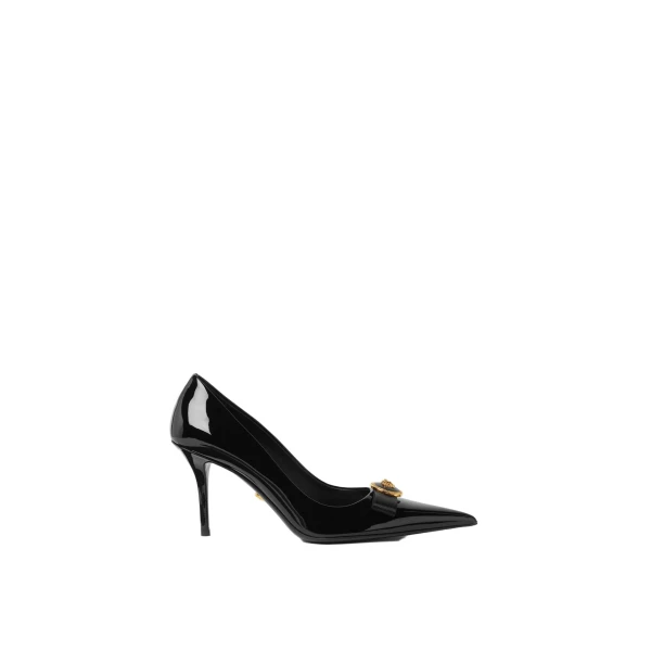 Versace Gianni Ribbon Patent Pumps 85 mm in Black and Gold | Heels | Coveti