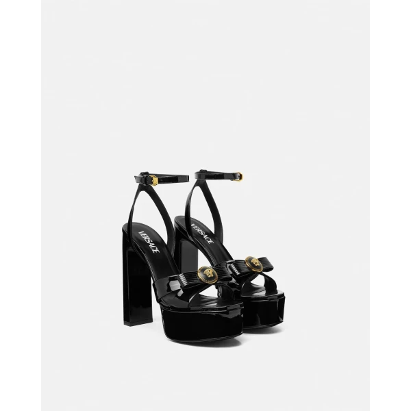 Versace Gianni Ribbon Patent Sandals 140 mm in Black and Gold, view 2 | Sandals